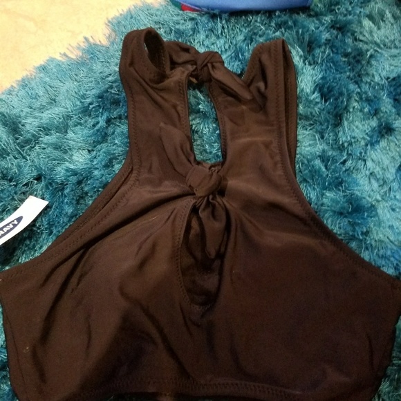 NWT OLD NAVY BLACK HIGH NECK SWIM TOP BOW BACK CUT - Picture 1 of 2